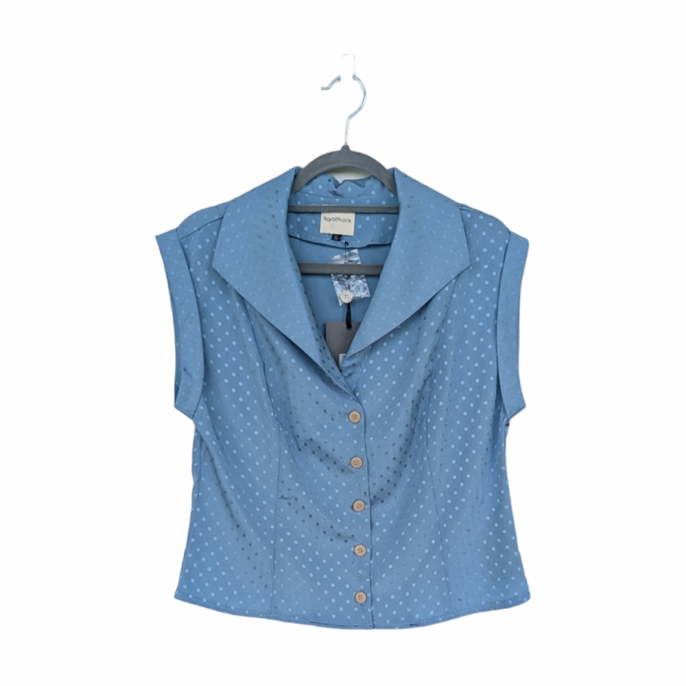 Tea Blouse Blue Vintage Style Polka Dot NWT